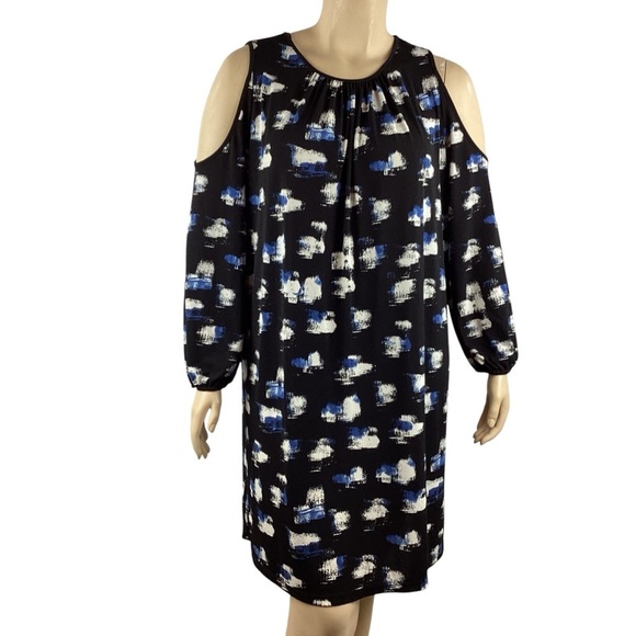 Boutique + Cold Shoulder Shift Dress Black Blue White Abstract Print 2X - Picture 1 of 8